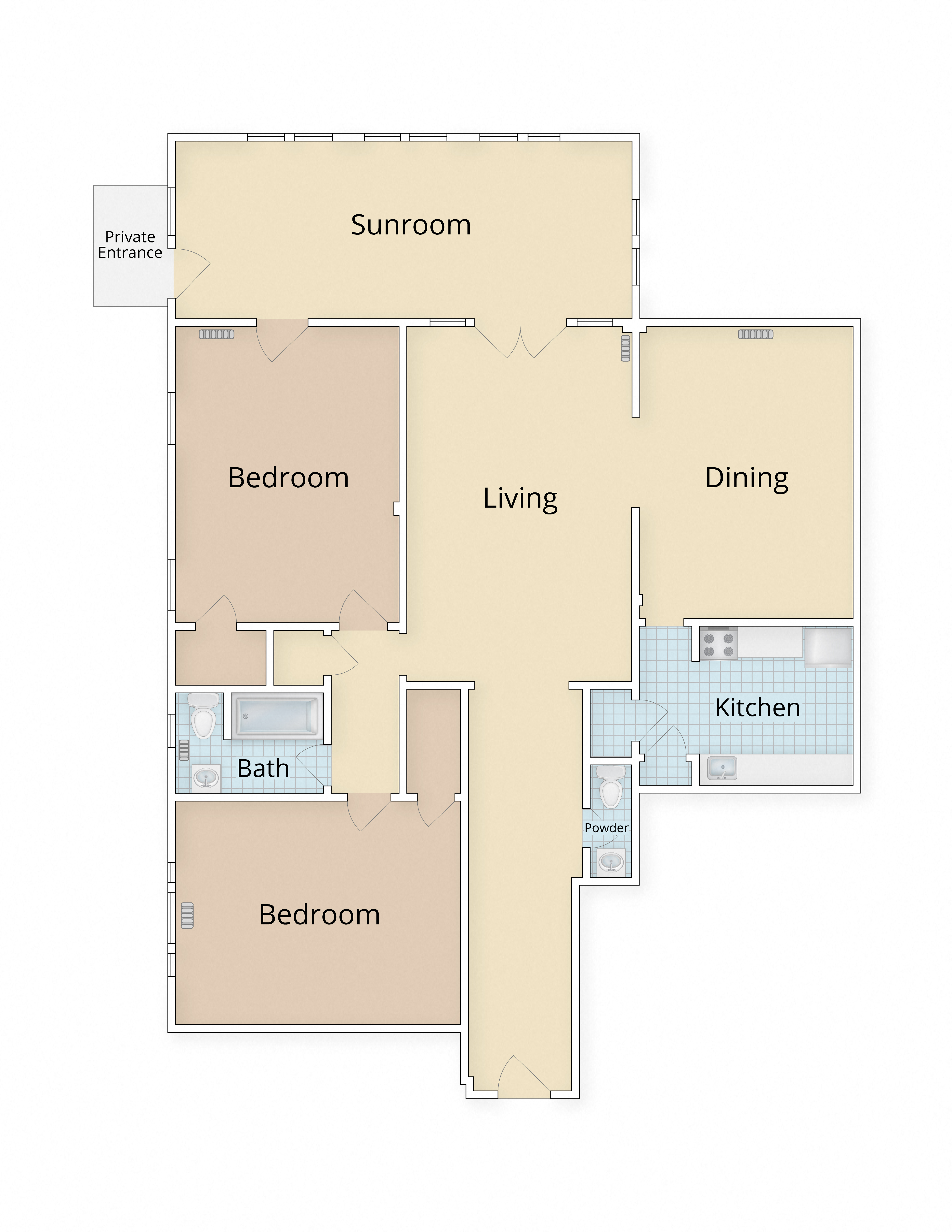 Floor plan for 2 beds, 1.5 baths, 1625 sqft